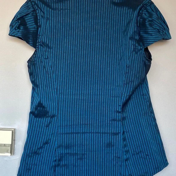 Express Black and Blue Striped Capped Sleeve, Pin-tucked Front Blouse size Large - Picture 2 of 8